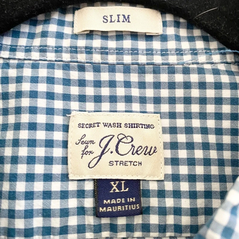 J Crew Slim Fit Stretch Gingham Button Down Shirt Mens XL Green White 98% Cotton